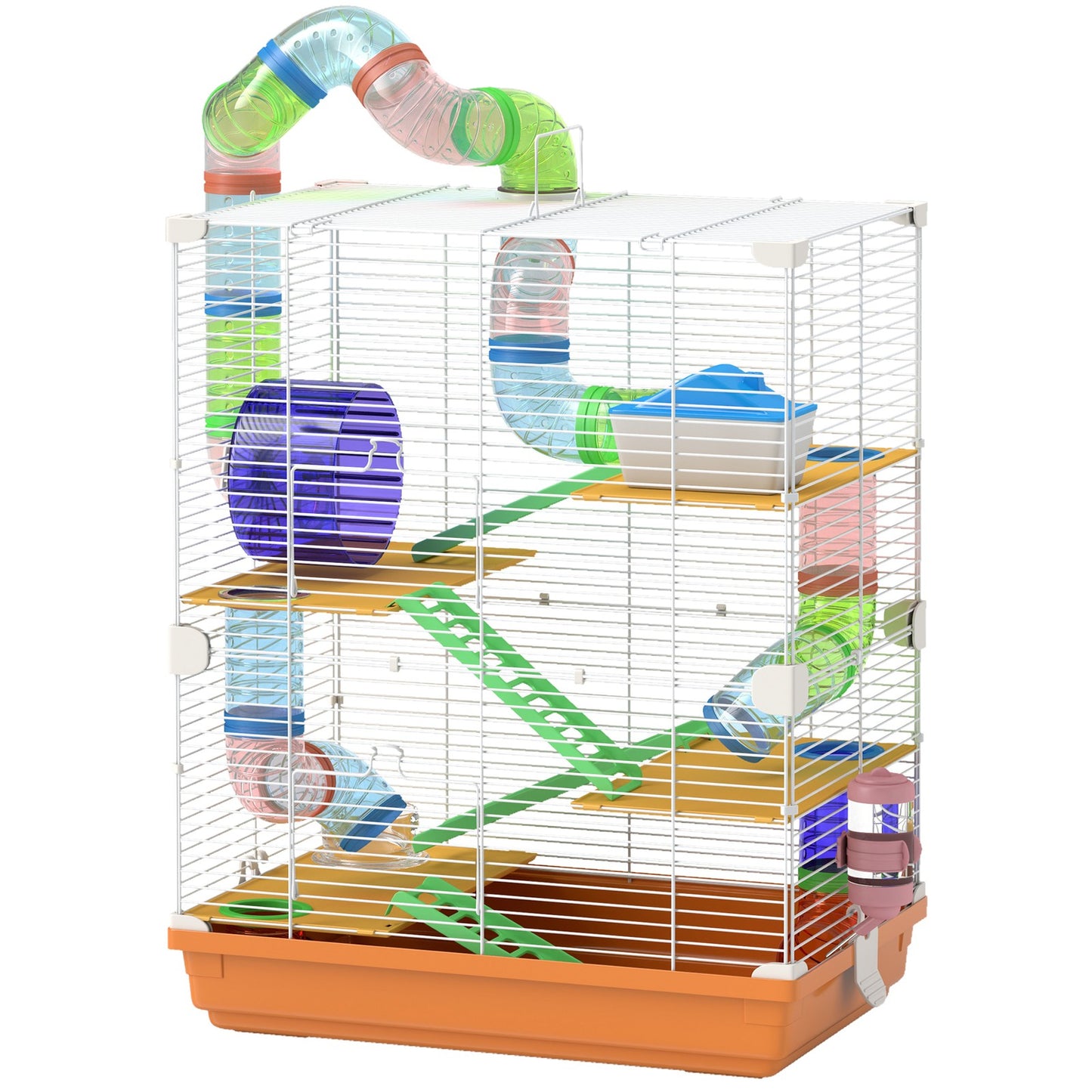 Pawhut 5 Tier Hamster Cage Carrier Habitat W/ Exercise Wheels, Orange