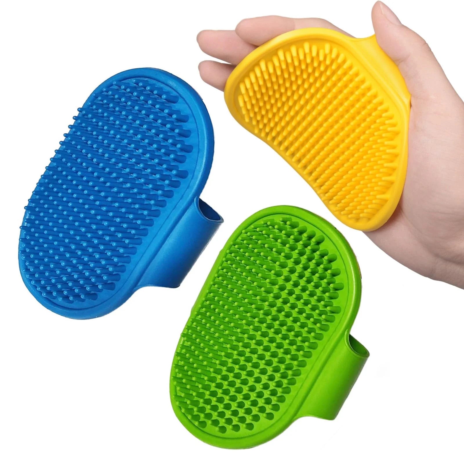 3-Pack Adjustable Width Pet Bath Brushes for Dogs and Cats – Soft Grooming Brushes for Showering and Washing (Blue, Green, Yellow)