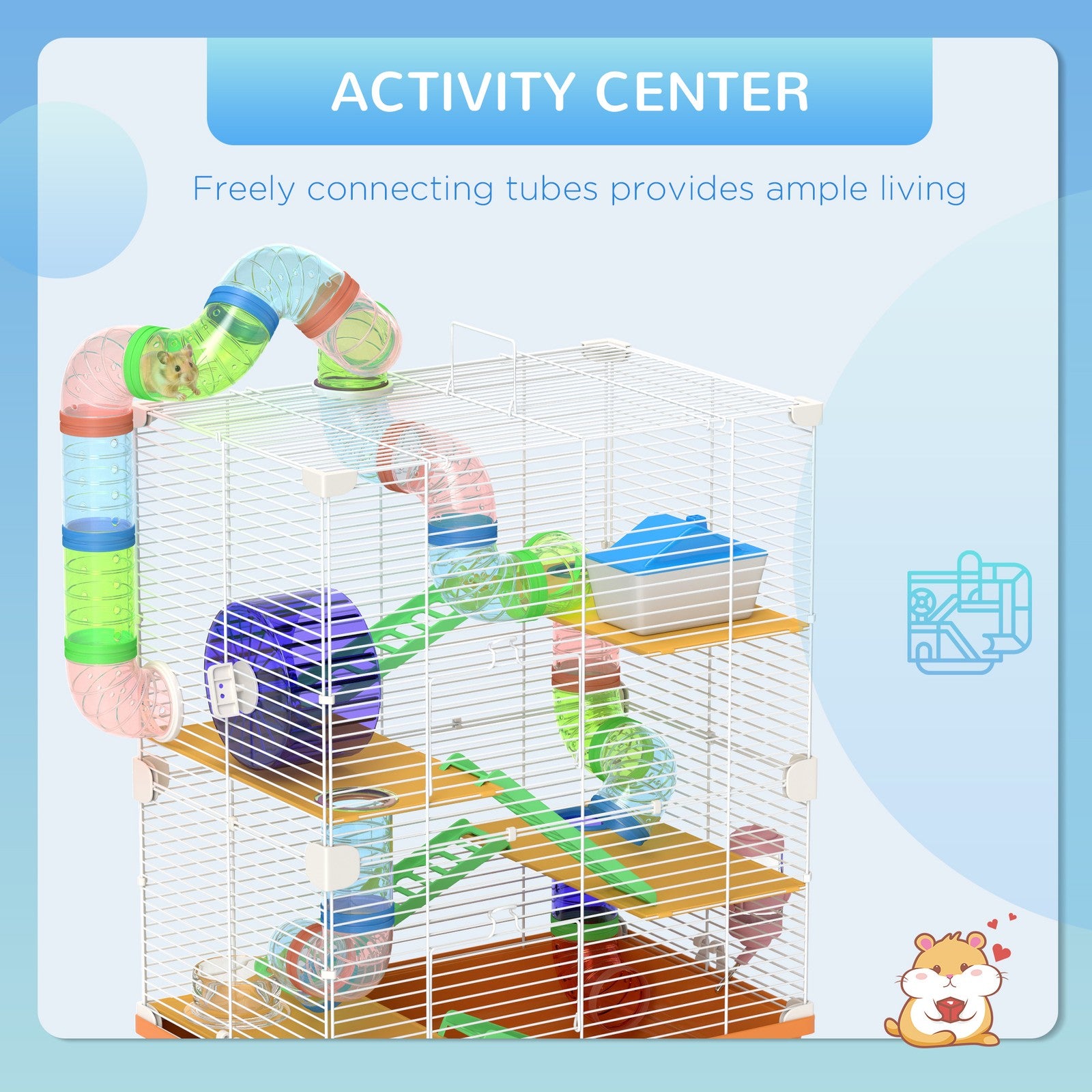 Pawhut 5 Tier Hamster Cage Carrier Habitat W/ Exercise Wheels, Orange
