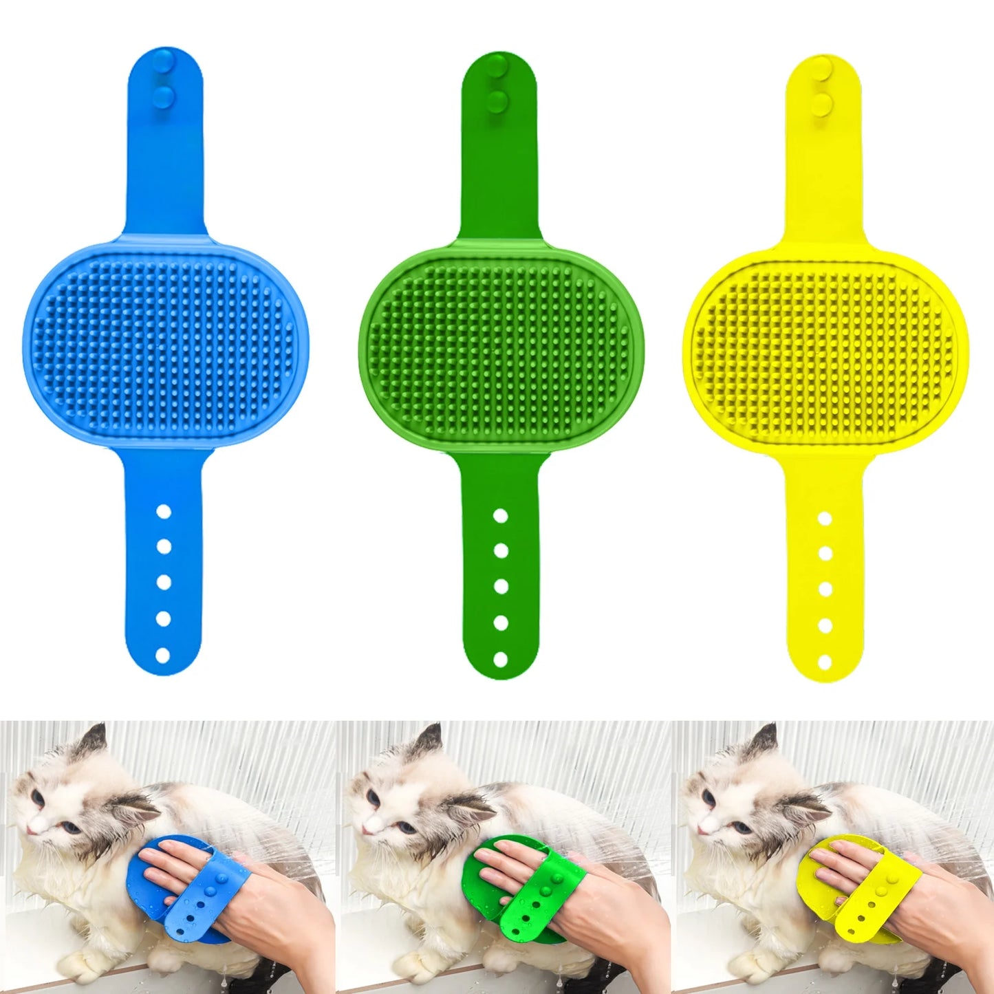 3-Pack Adjustable Width Pet Bath Brushes for Dogs and Cats – Soft Grooming Brushes for Showering and Washing (Blue, Green, Yellow)