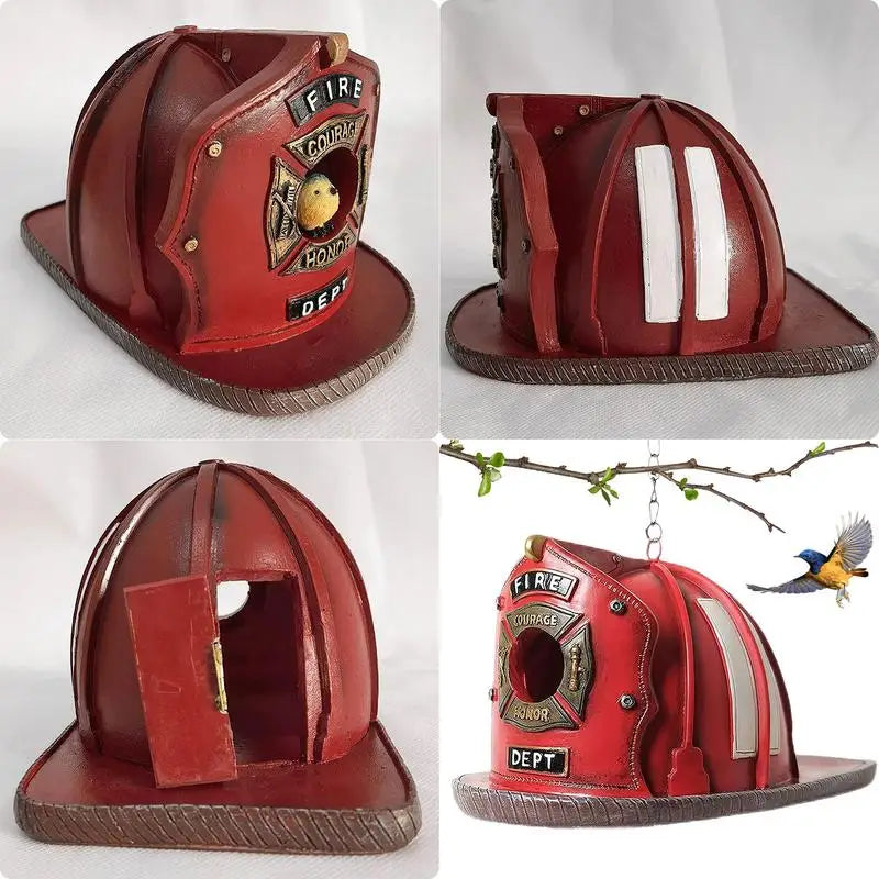Charming Decorative Bird House Resin Firefighter Hat Shape Hanging Birds Nest Bird Feeder for Garden Patio Lawn Office Outdoor