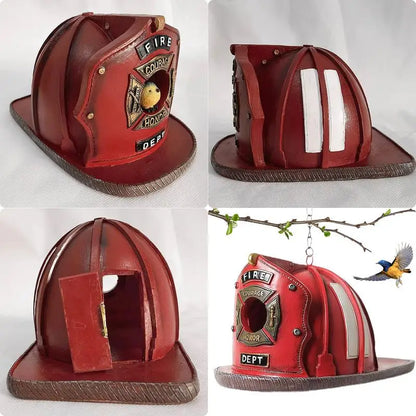 Charming Decorative Bird House Resin Firefighter Hat Shape Hanging Birds Nest Bird Feeder for Garden Patio Lawn Office Outdoor