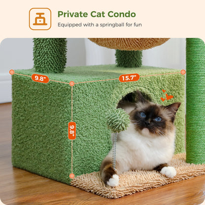 33-Inch Cactus-Themed Cat Tree with Scratching Posts, Spacious Top Perch, and Hammock for Medium Indoor Cats - Green