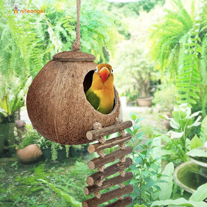 Natural Coconut Hideaway with Ladder for Birds and Small Animals - Enriched Natural Surface Toy
