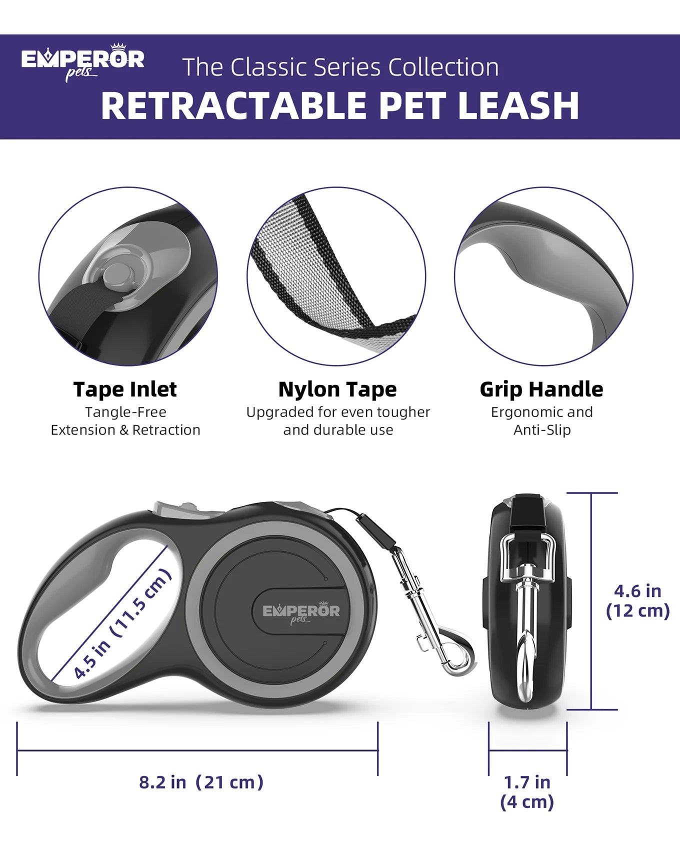 16 Ft Heavy-Duty Retractable Dog Leash for Large Dogs up to 110 lbs - Gray - Model GY16-50