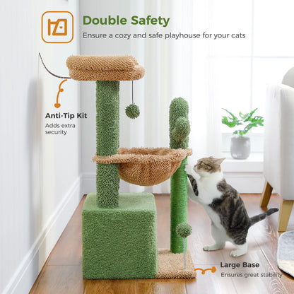 33-Inch Cactus-Themed Cat Tree with Scratching Posts, Spacious Top Perch, and Hammock for Medium Indoor Cats - Green