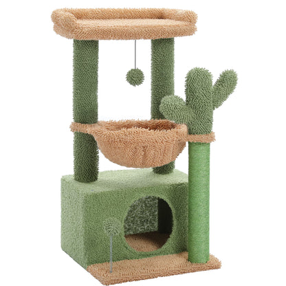 33-Inch Cactus-Themed Cat Tree with Scratching Posts, Spacious Top Perch, and Hammock for Medium Indoor Cats - Green