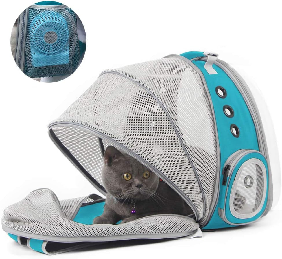 Cat Travel Backpack with Ventilation Fan, Accommodates Pets up to 12 lbs, Space Capsule Design with Clear Bubble Window for Kittens and Small Puppies - Green