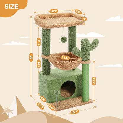 33-Inch Cactus-Themed Cat Tree with Scratching Posts, Spacious Top Perch, and Hammock for Medium Indoor Cats - Green