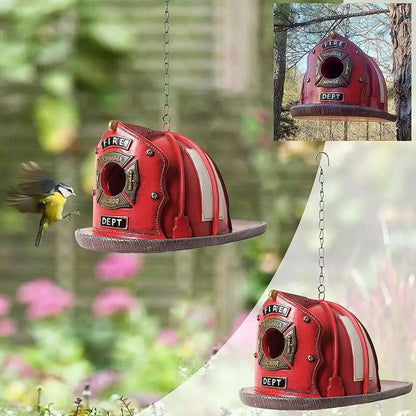 Charming Decorative Bird House Resin Firefighter Hat Shape Hanging Birds Nest Bird Feeder for Garden Patio Lawn Office Outdoor