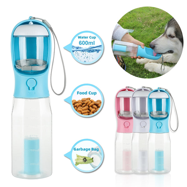 3-in-1 Multifunctional Portable Water Bottle and Food Feeder for Cats and Dogs with Leak-Proof Poop Dispenser